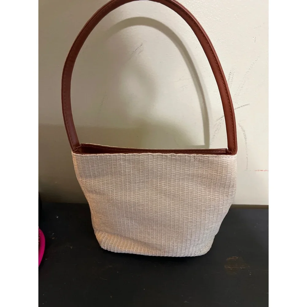 Woven Straw Bucket Bag Butterfly Embroidery Brown Faux‎ Leather Strap